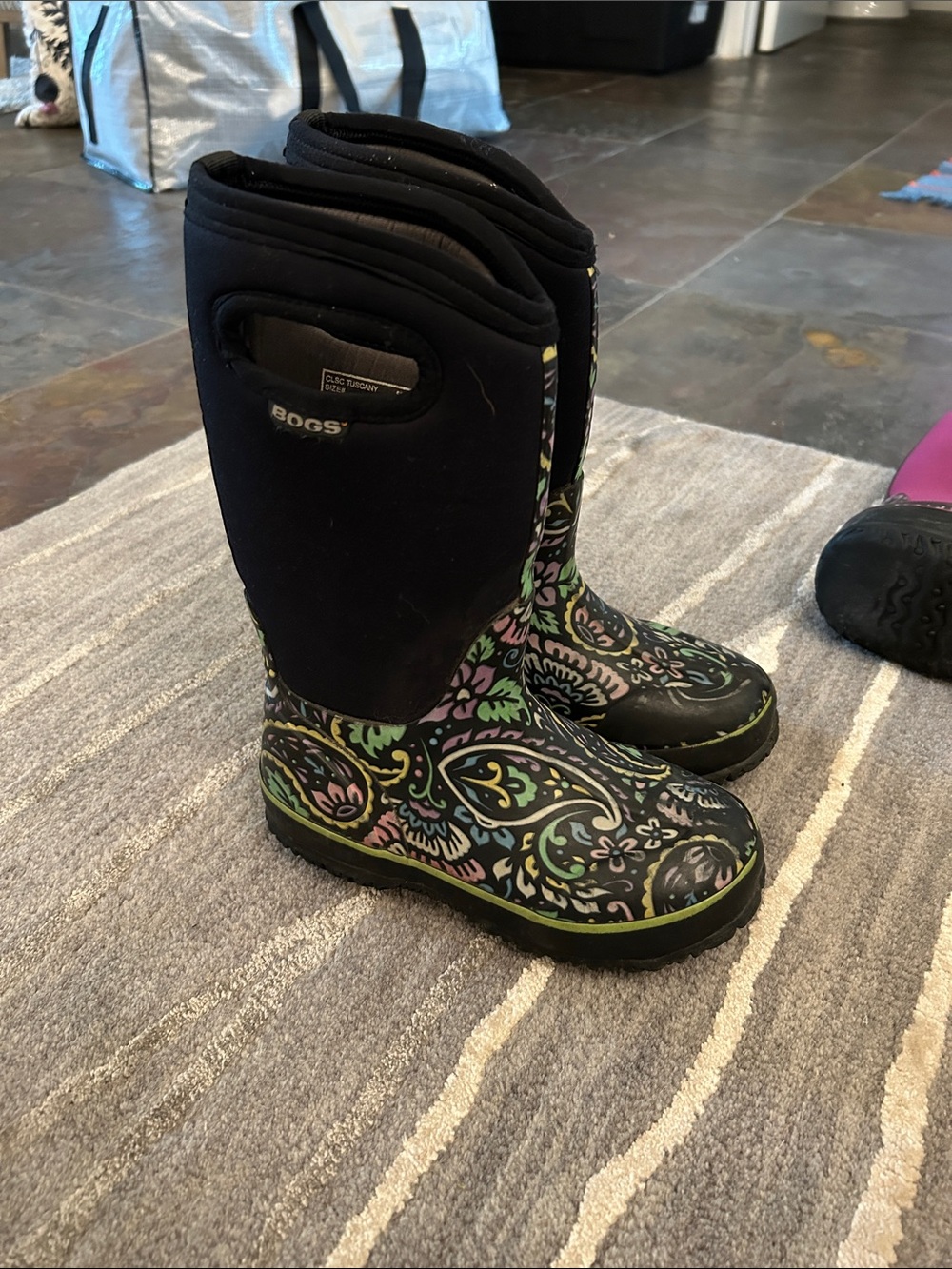 Bogs Black Tall Kids Boots with Multicolor Paisley